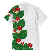 Hawaiian Taro Leaves-Hibiscus and Plumeria Family Matching Off Shoulder Short Dress and Hawaiian Shirt Polynesian Art-Kakau Tattoo White LT03 - Polynesian Pride