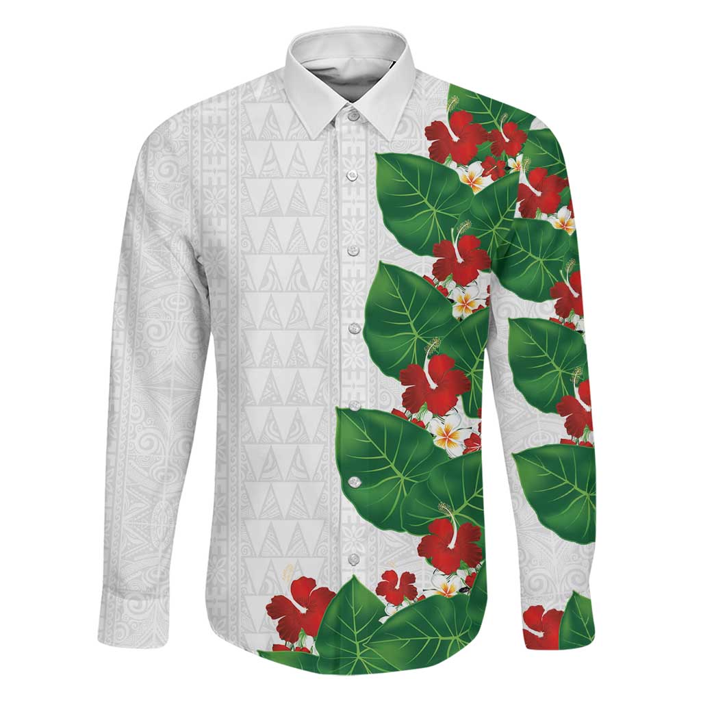 Hawaiian Taro Leaves-Hibiscus and Plumeria Family Matching Off Shoulder Short Dress and Hawaiian Shirt Polynesian Art-Kakau Tattoo White LT03 Dad's Shirt - Long Sleeve White - Polynesian Pride
