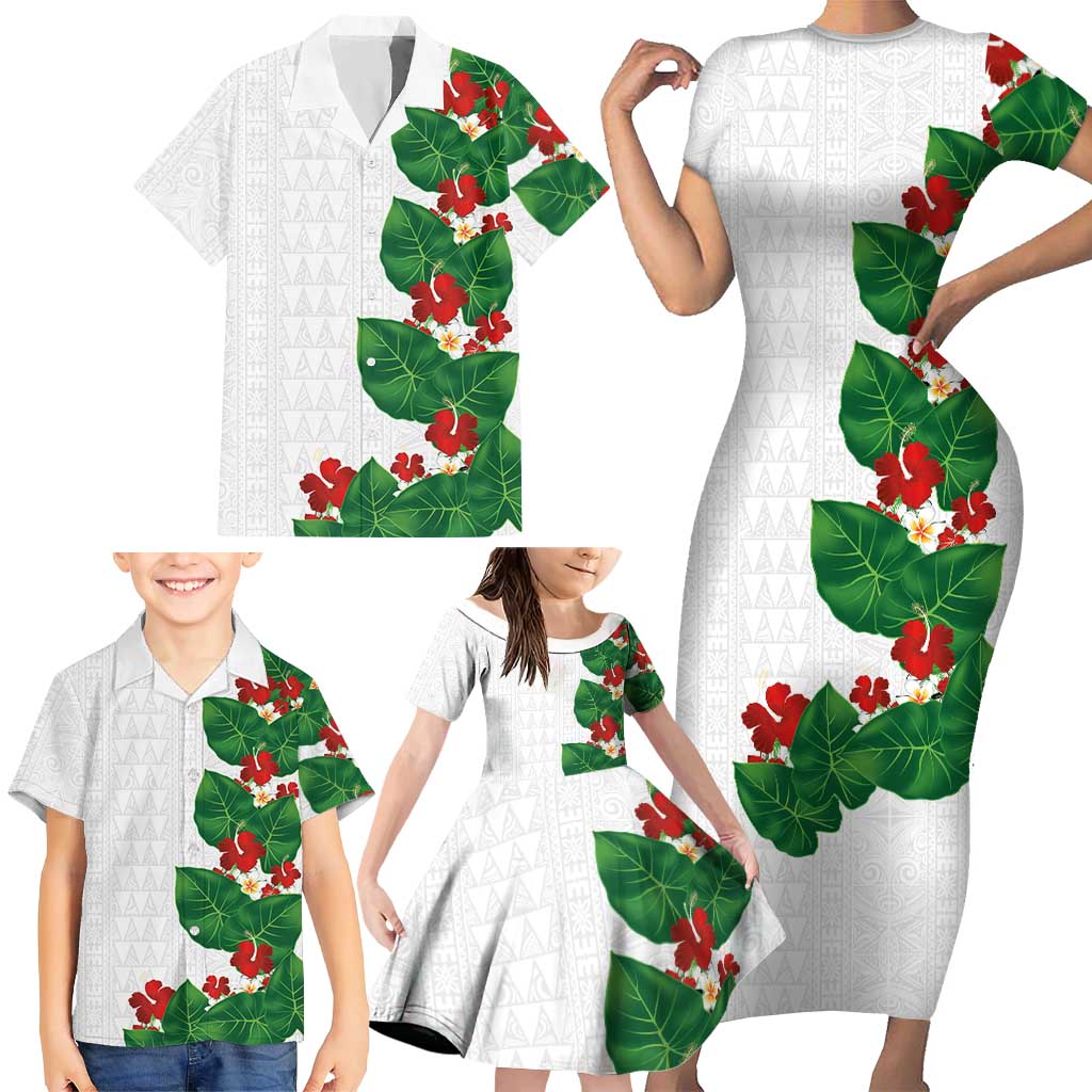 Hawaiian Taro Leaves-Hibiscus and Plumeria Family Matching Short Sleeve Bodycon Dress and Hawaiian Shirt Polynesian Art-Kakau Tattoo White
