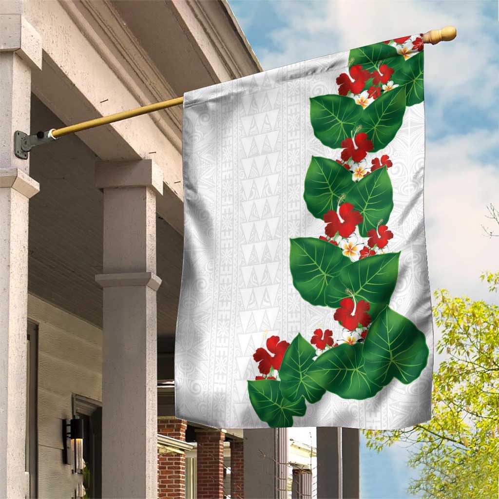 Hawaiian Taro Leaves-Hibiscus and Plumeria Garden Flag Polynesian Art-Kakau Tattoo White