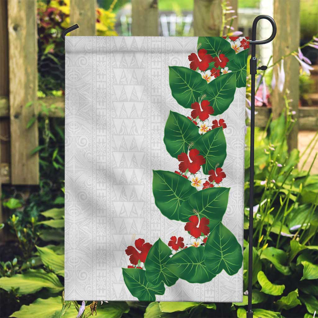 Hawaiian Taro Leaves-Hibiscus and Plumeria Garden Flag Polynesian Art-Kakau Tattoo White