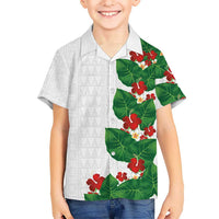 Hawaiian Taro Leaves-Hibiscus and Plumeria Kid Hawaiian Shirt Polynesian Art-Kakau Tattoo White