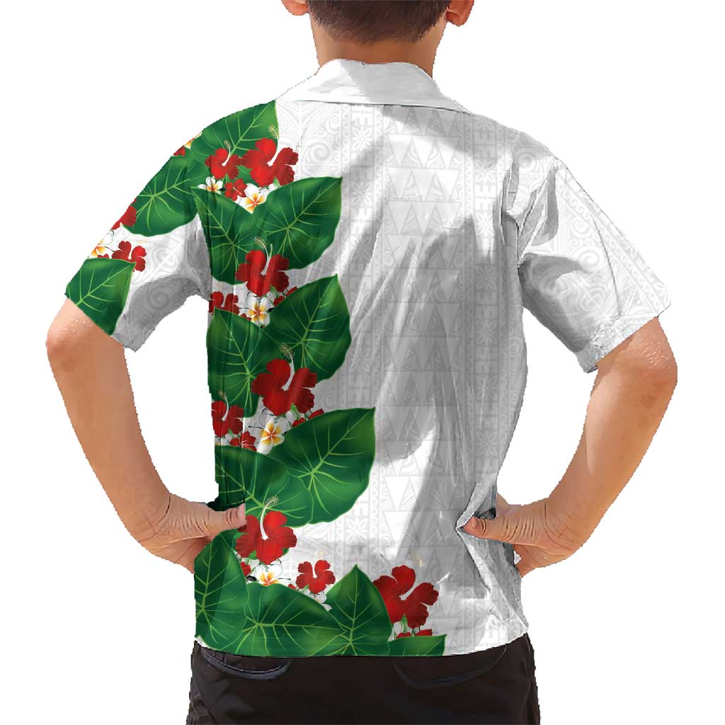 Hawaiian Taro Leaves-Hibiscus and Plumeria Kid Hawaiian Shirt Polynesian Art-Kakau Tattoo White