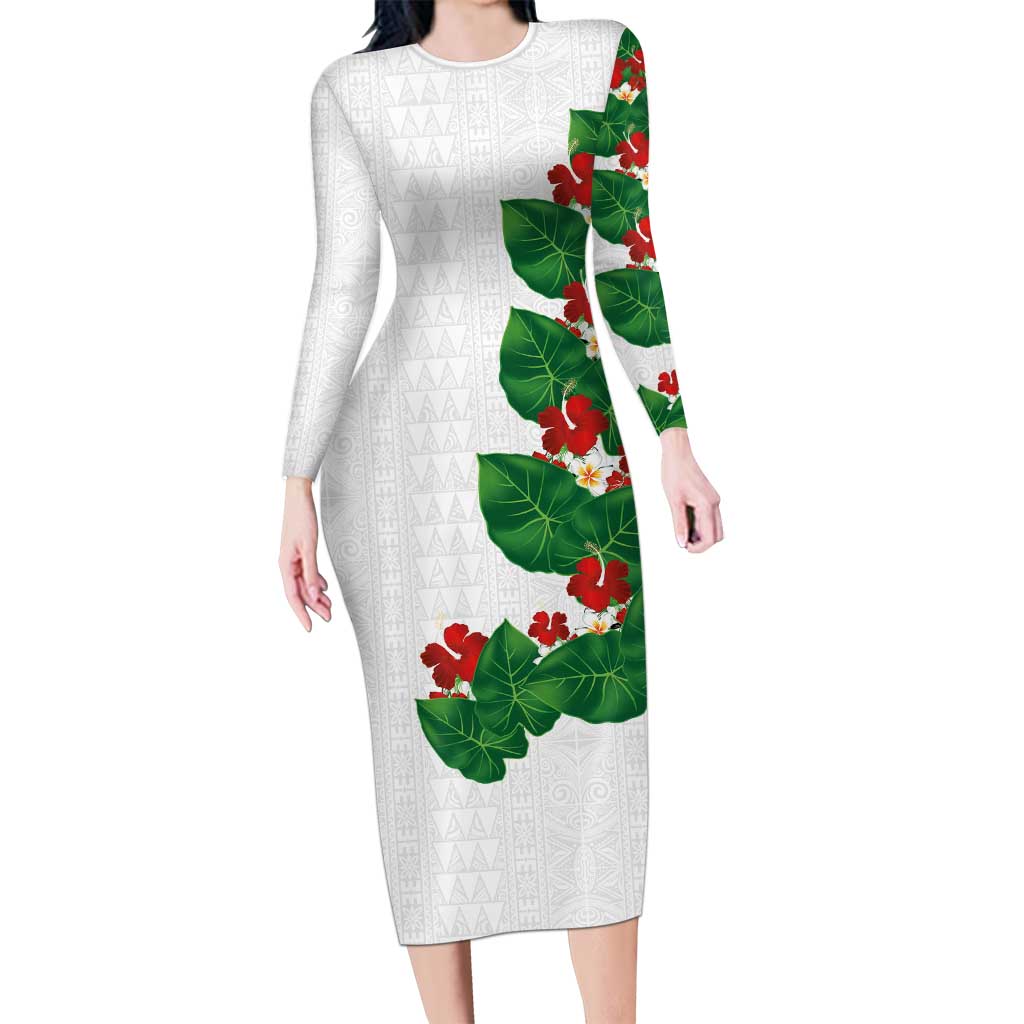 Hawaiian Taro Leaves-Hibiscus and Plumeria Long Sleeve Bodycon Dress Polynesian Art-Kakau Tattoo White