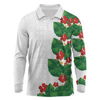 Hawaiian Taro Leaves-Hibiscus and Plumeria Long Sleeve Polo Shirt Polynesian Art-Kakau Tattoo White