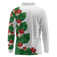 Hawaiian Taro Leaves-Hibiscus and Plumeria Long Sleeve Polo Shirt Polynesian Art-Kakau Tattoo White