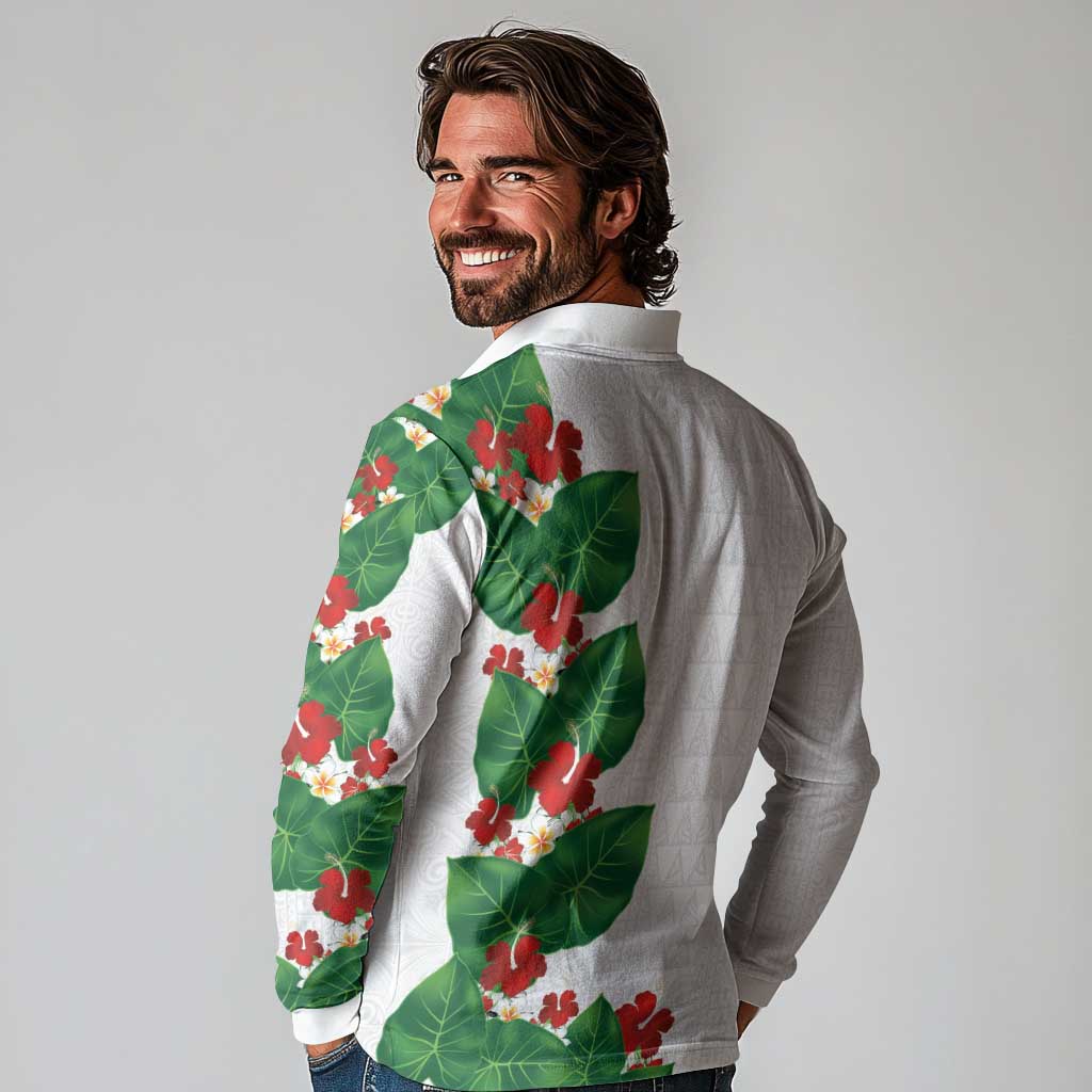 Hawaiian Taro Leaves-Hibiscus and Plumeria Long Sleeve Polo Shirt Polynesian Art-Kakau Tattoo White