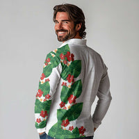 Hawaiian Taro Leaves-Hibiscus and Plumeria Long Sleeve Polo Shirt Polynesian Art-Kakau Tattoo White