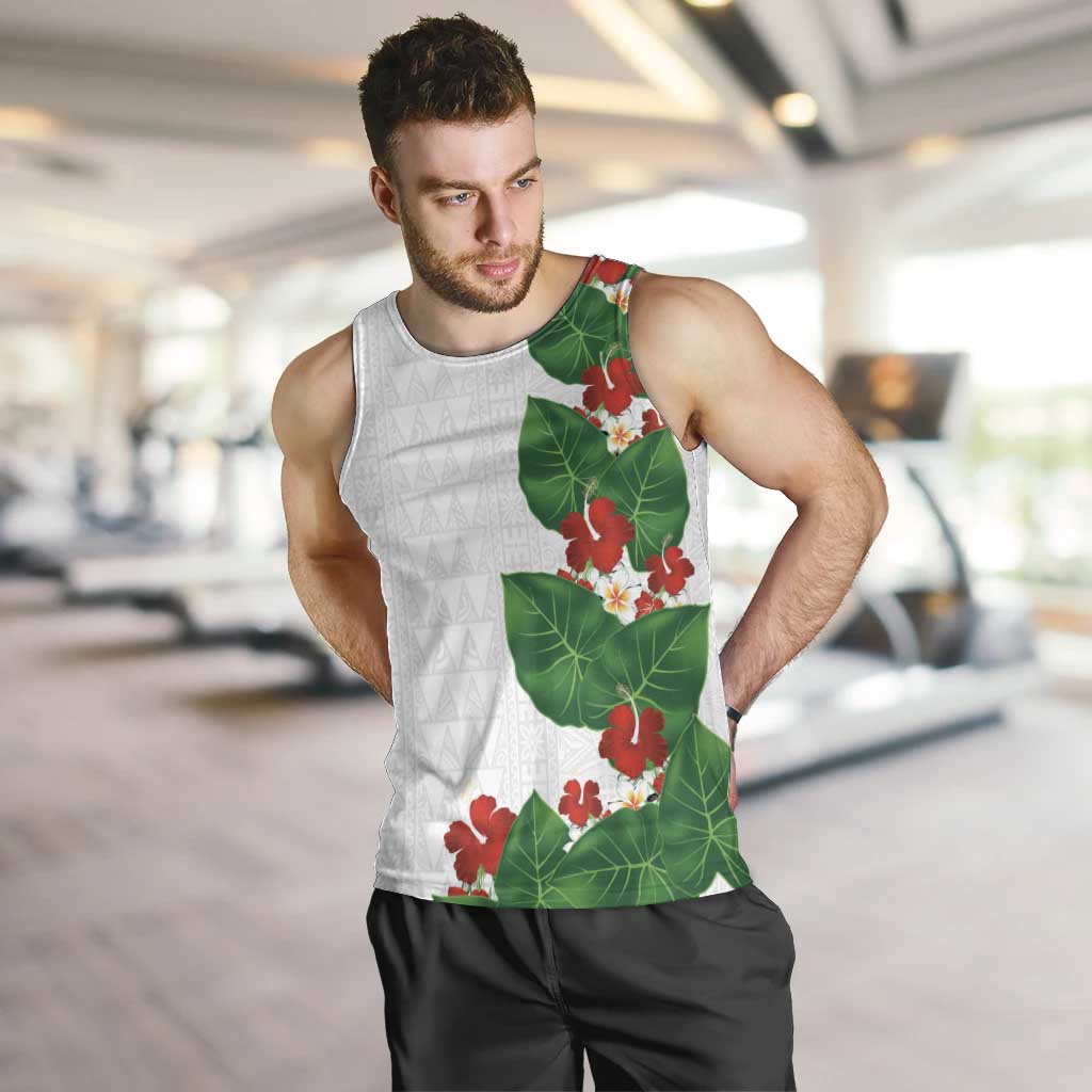 Hawaiian Taro Leaves-Hibiscus and Plumeria Men Tank Top Polynesian Art-Kakau Tattoo White