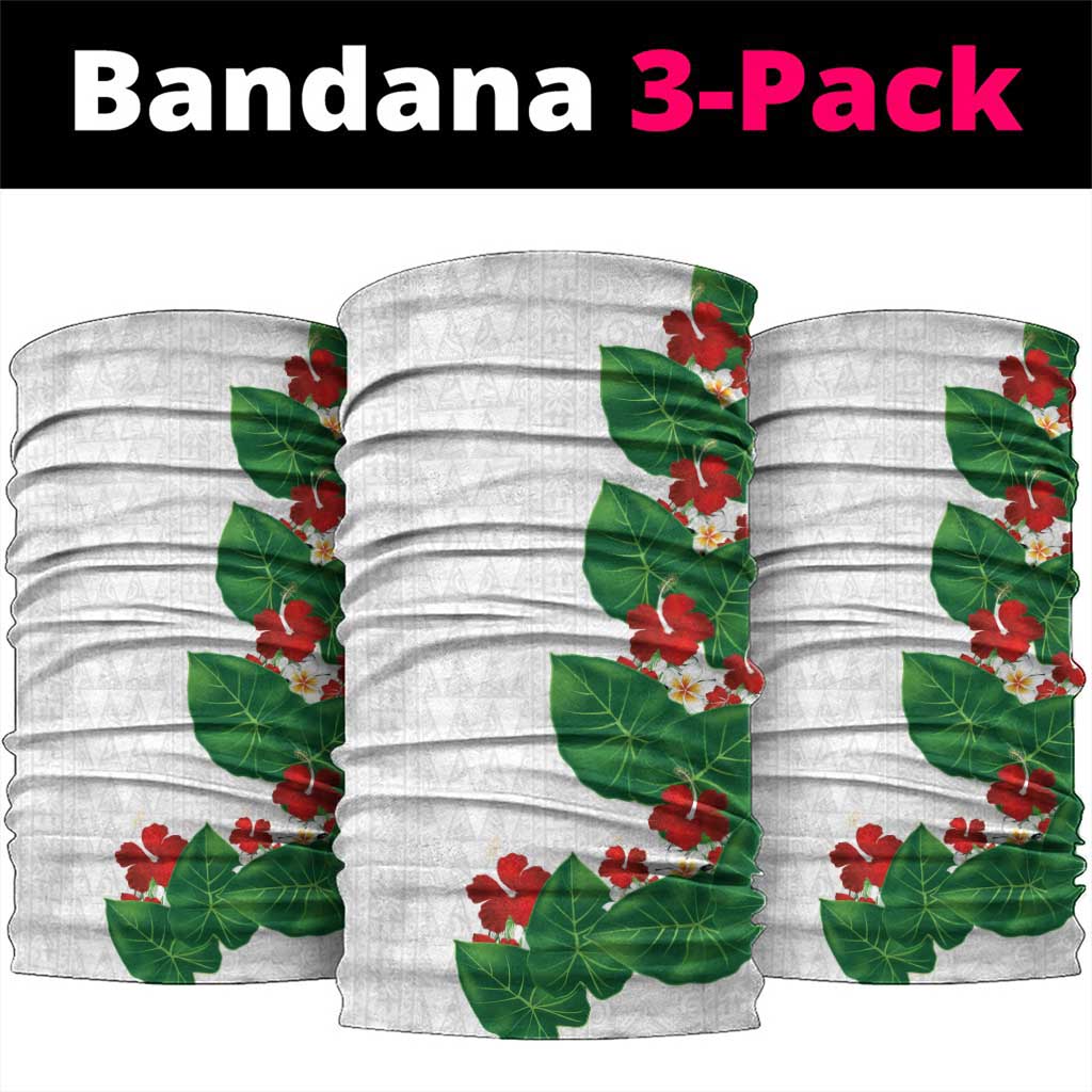 Hawaiian Taro Leaves-Hibiscus and Plumeria Neck Gaiter Polynesian Art-Kakau Tattoo White