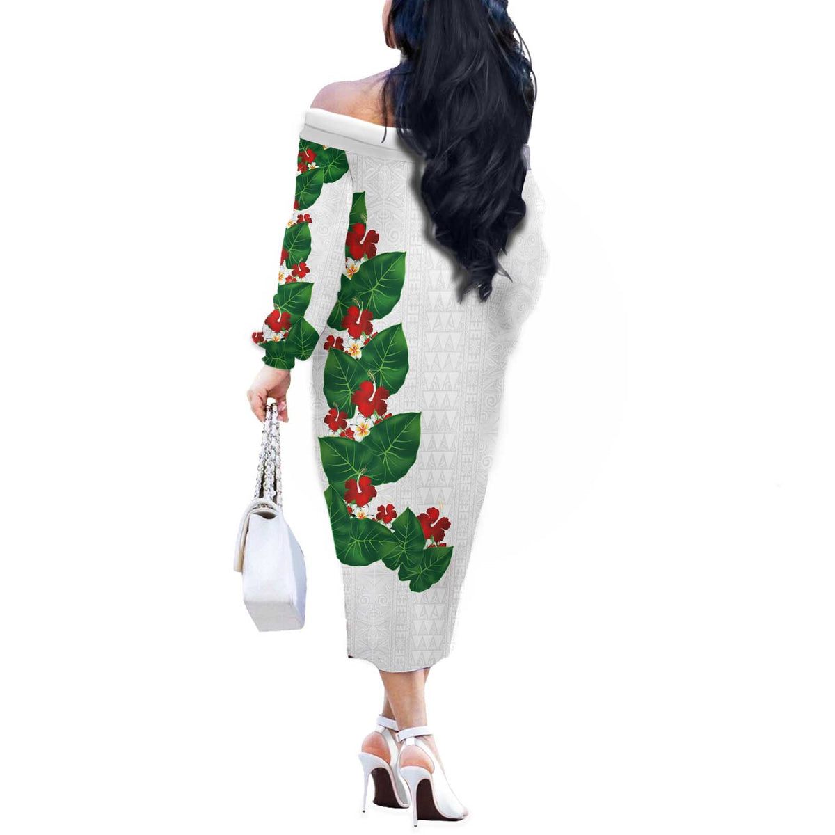 Hawaiian Taro Leaves-Hibiscus and Plumeria Off The Shoulder Long Sleeve Dress Polynesian Art-Kakau Tattoo White