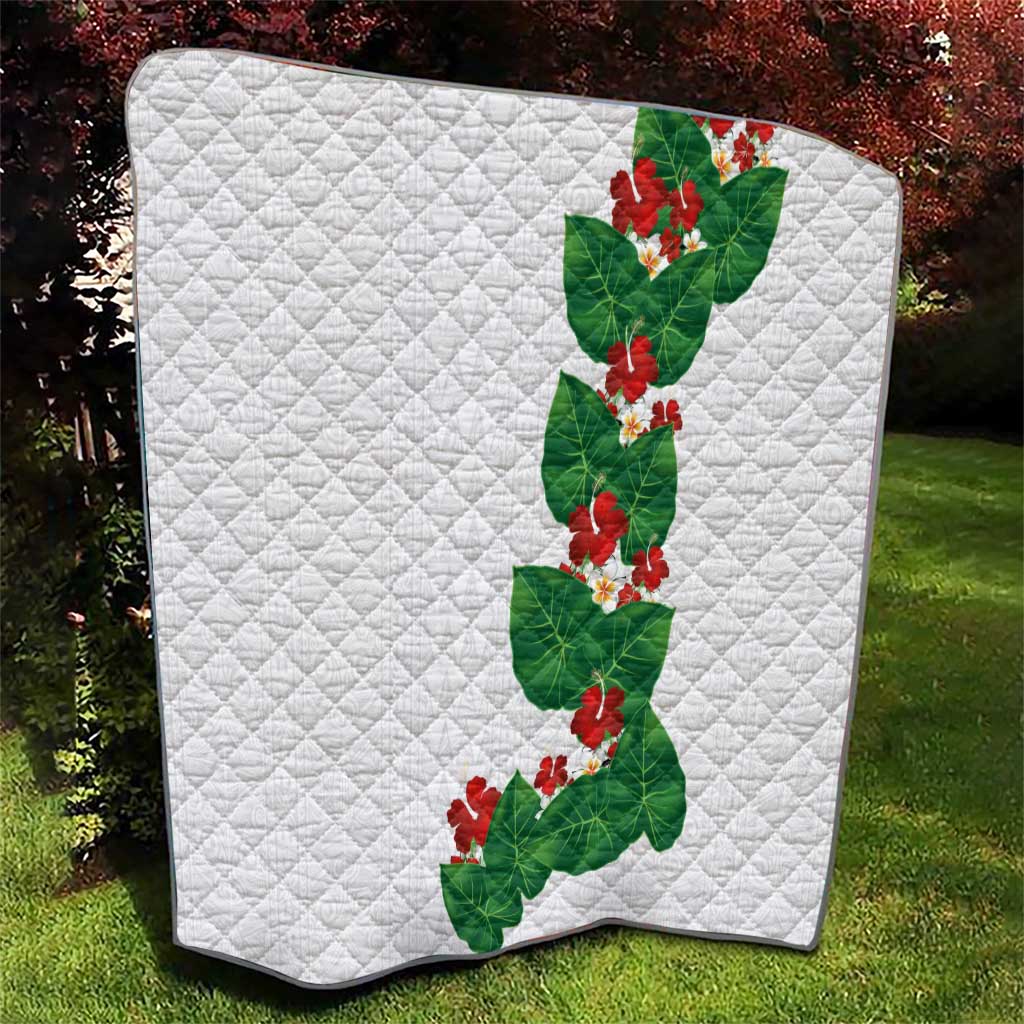 Hawaiian Taro Leaves-Hibiscus and Plumeria Quilt Polynesian Art-Kakau Tattoo White