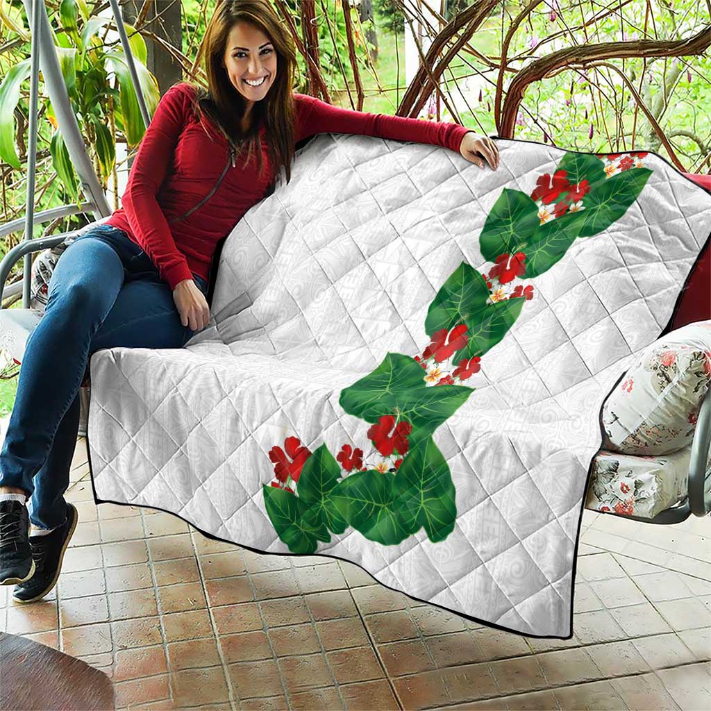 Hawaiian Taro Leaves-Hibiscus and Plumeria Quilt Polynesian Art-Kakau Tattoo White