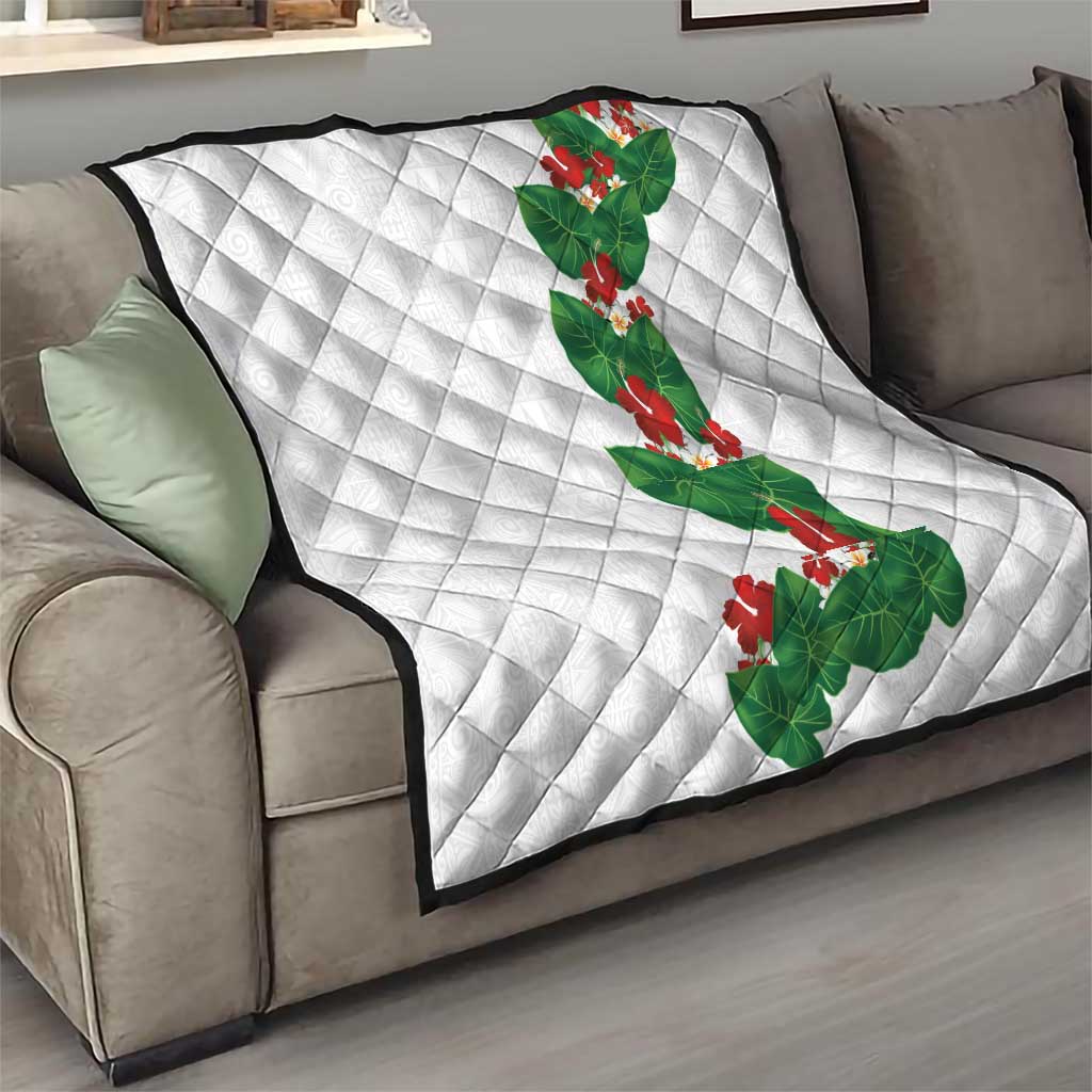 Hawaiian Taro Leaves-Hibiscus and Plumeria Quilt Polynesian Art-Kakau Tattoo White