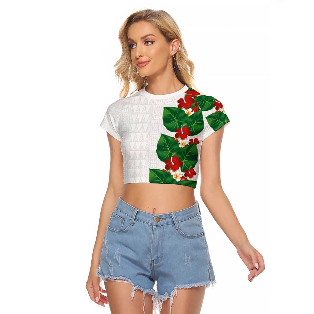Hawaiian Taro Leaves-Hibiscus and Plumeria Raglan Cropped T Shirt Polynesian Art-Kakau Tattoo White