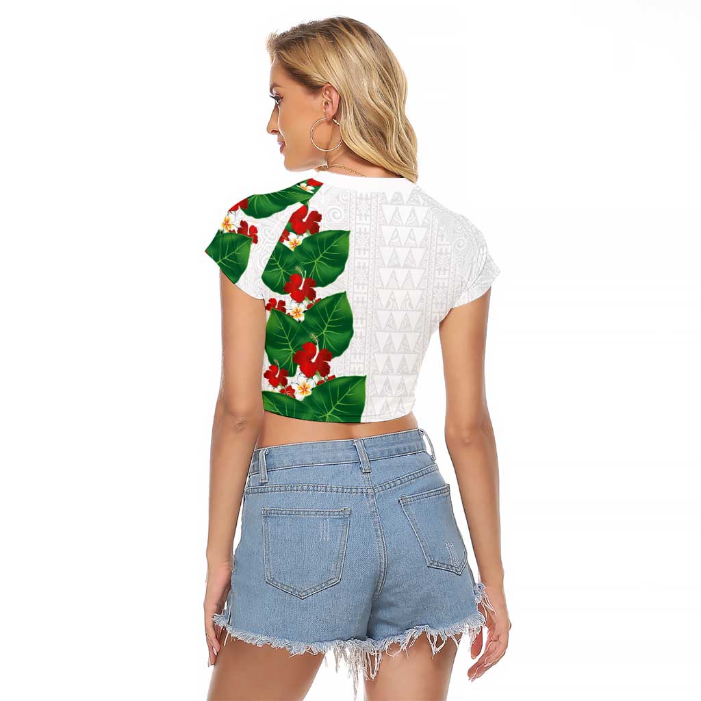 Hawaiian Taro Leaves-Hibiscus and Plumeria Raglan Cropped T Shirt Polynesian Art-Kakau Tattoo White