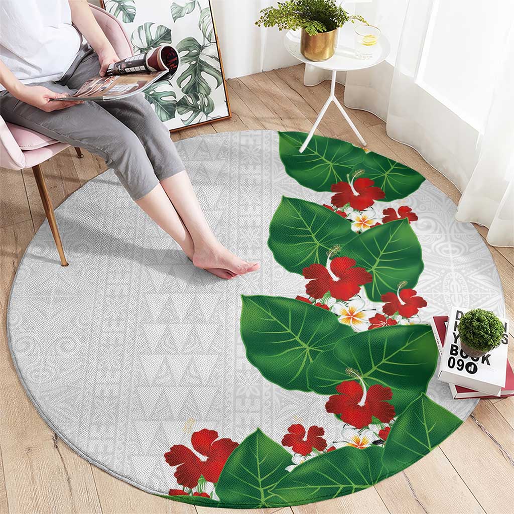 Hawaiian Taro Leaves-Hibiscus and Plumeria Round Carpet Polynesian Art-Kakau Tattoo White