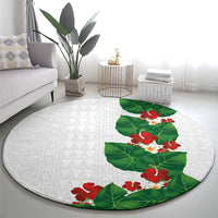 Hawaiian Taro Leaves-Hibiscus and Plumeria Round Carpet Polynesian Art-Kakau Tattoo White