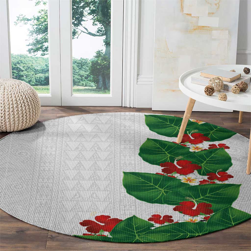 Hawaiian Taro Leaves-Hibiscus and Plumeria Round Carpet Polynesian Art-Kakau Tattoo White