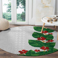 Hawaiian Taro Leaves-Hibiscus and Plumeria Round Carpet Polynesian Art-Kakau Tattoo White