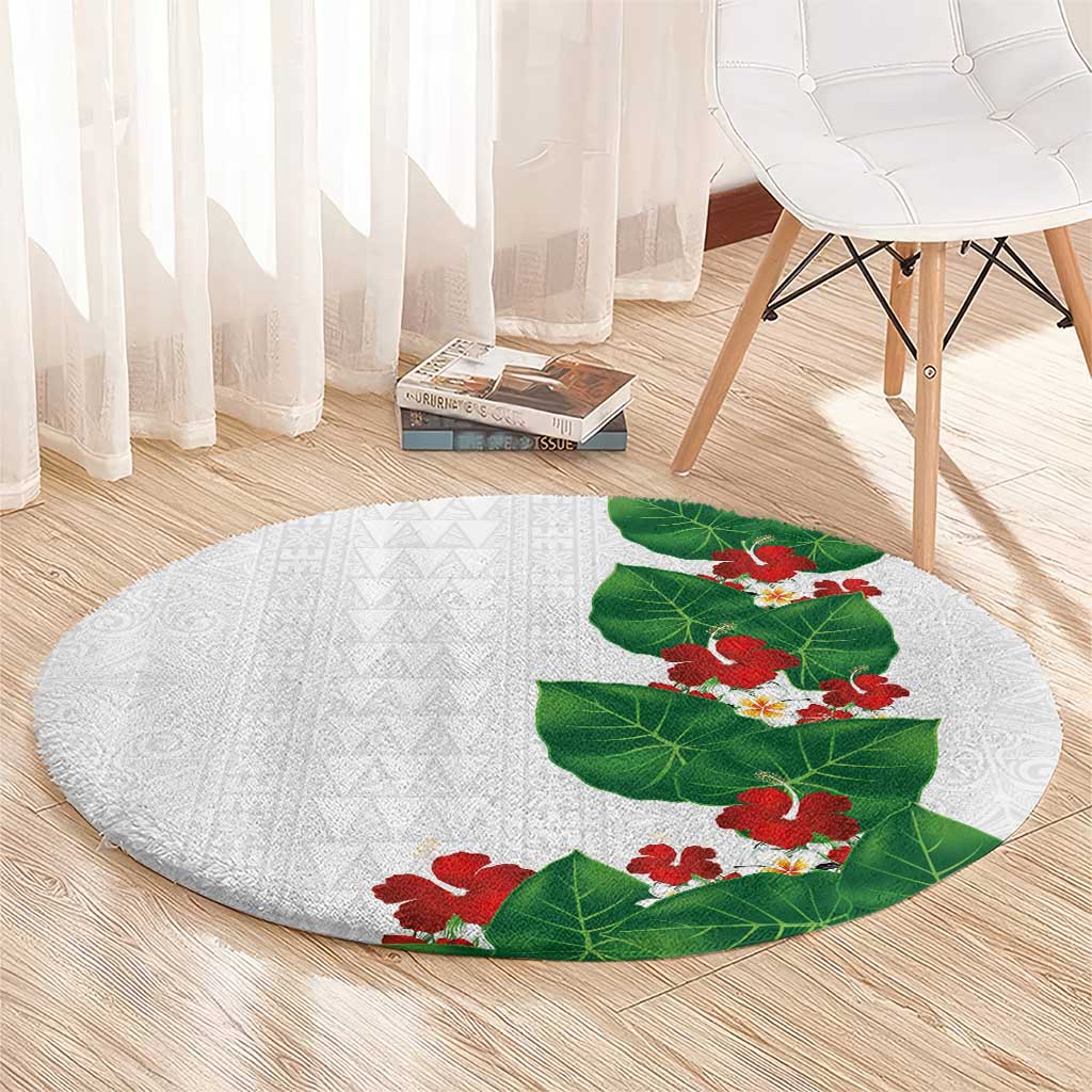 Hawaiian Taro Leaves-Hibiscus and Plumeria Round Carpet Polynesian Art-Kakau Tattoo White