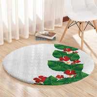 Hawaiian Taro Leaves-Hibiscus and Plumeria Round Carpet Polynesian Art-Kakau Tattoo White