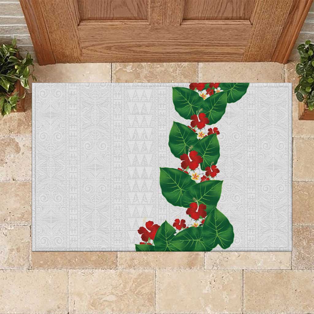 Hawaiian Taro Leaves-Hibiscus and Plumeria Rubber Doormat Polynesian Art-Kakau Tattoo White