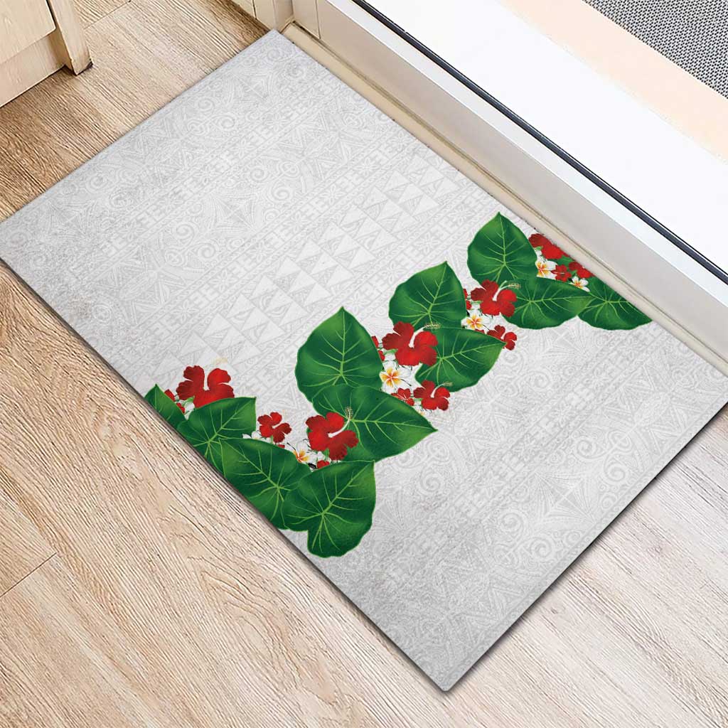 Hawaiian Taro Leaves-Hibiscus and Plumeria Rubber Doormat Polynesian Art-Kakau Tattoo White