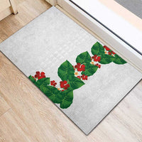 Hawaiian Taro Leaves-Hibiscus and Plumeria Rubber Doormat Polynesian Art-Kakau Tattoo White