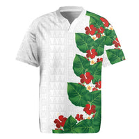 Hawaiian Taro Leaves-Hibiscus and Plumeria Rugby Jersey Polynesian Art-Kakau Tattoo White