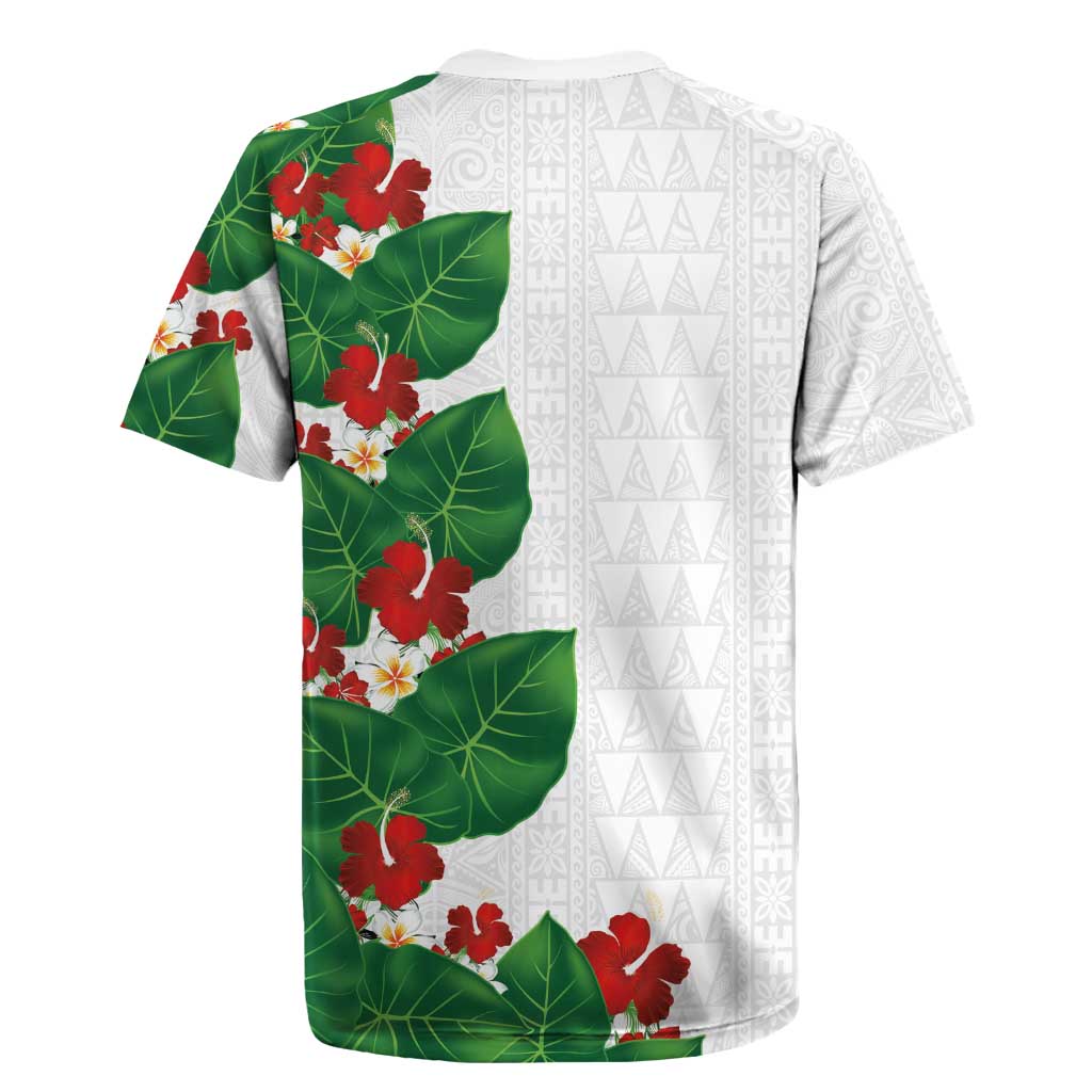 Hawaiian Taro Leaves-Hibiscus and Plumeria Rugby Jersey Polynesian Art-Kakau Tattoo White