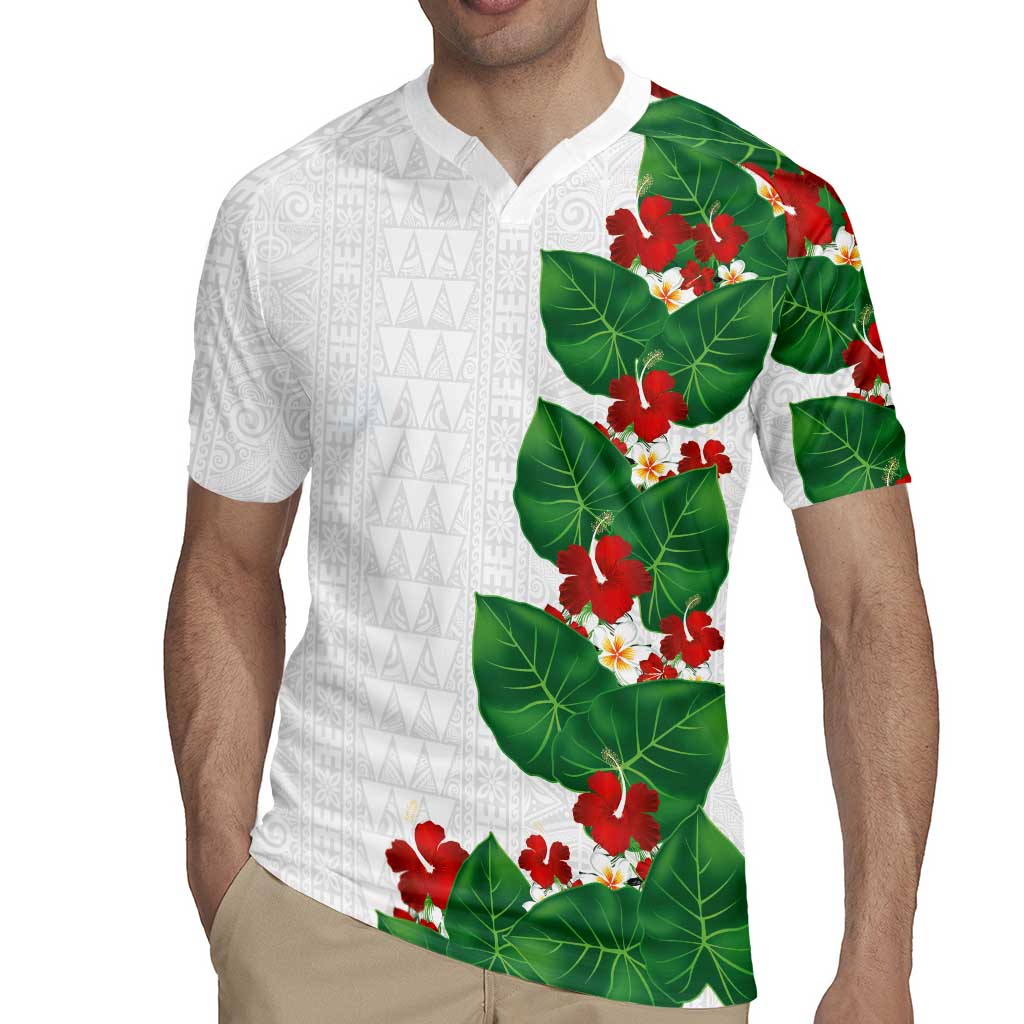 Hawaiian Taro Leaves-Hibiscus and Plumeria Rugby Jersey Polynesian Art-Kakau Tattoo White