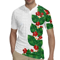 Hawaiian Taro Leaves-Hibiscus and Plumeria Rugby Jersey Polynesian Art-Kakau Tattoo White