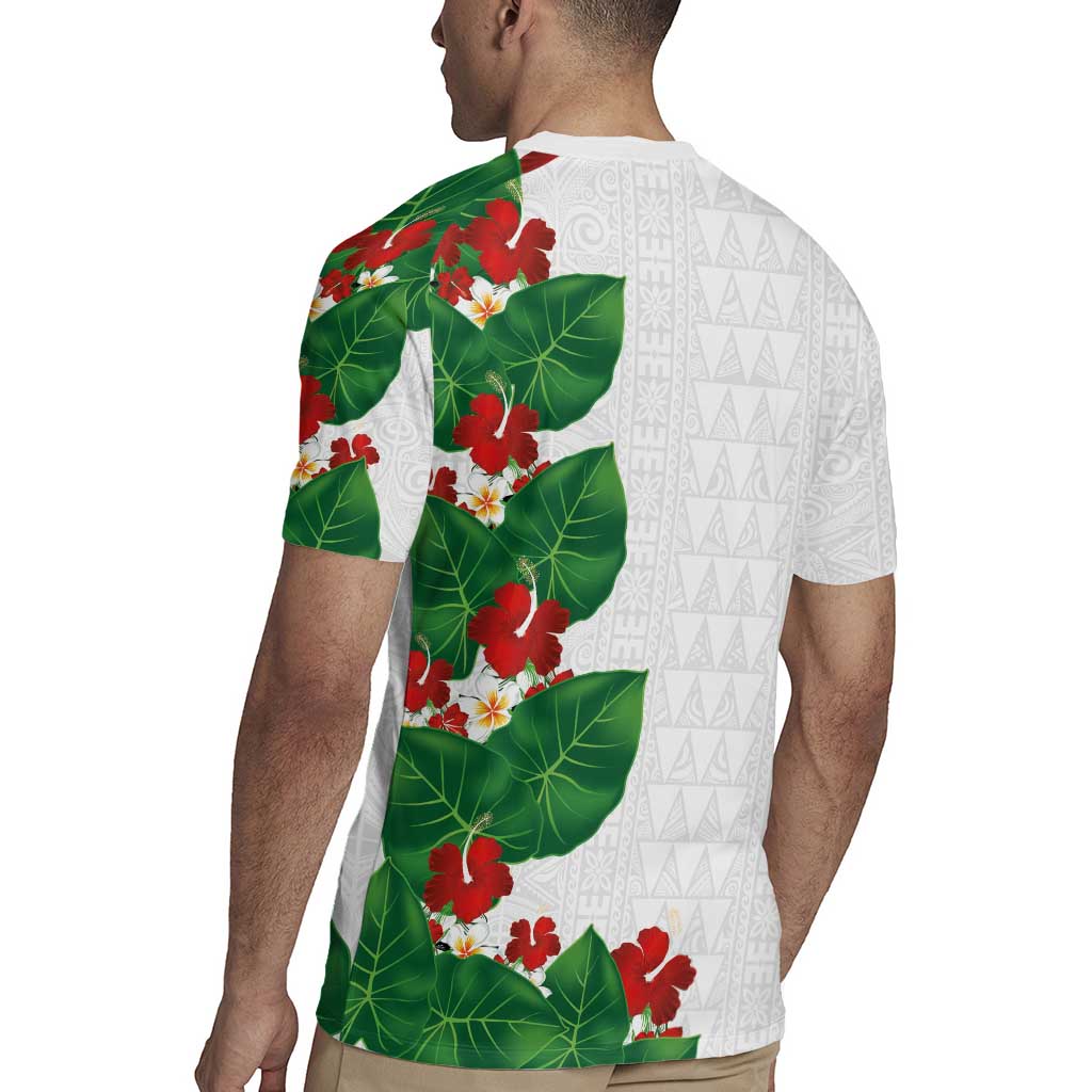 Hawaiian Taro Leaves-Hibiscus and Plumeria Rugby Jersey Polynesian Art-Kakau Tattoo White