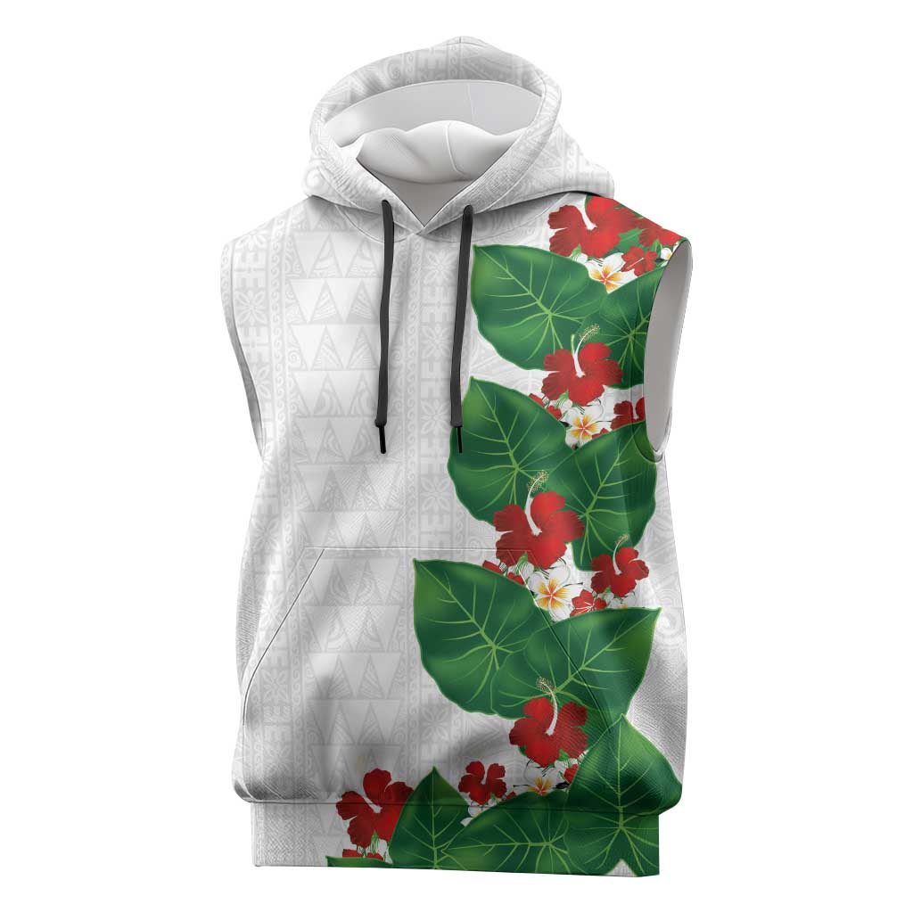 Hawaiian Taro Leaves-Hibiscus and Plumeria Sleeveless Hoodie Polynesian Art-Kakau Tattoo White