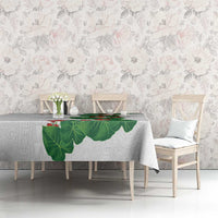 Hawaiian Taro Leaves-Hibiscus and Plumeria Tablecloth Polynesian Art-Kakau Tattoo White