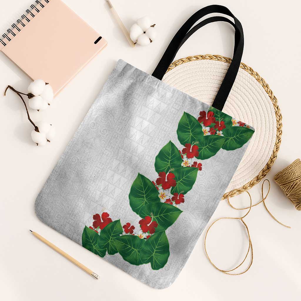 Hawaiian Taro Leaves-Hibiscus and Plumeria Tote Bag Polynesian Art-Kakau Tattoo White
