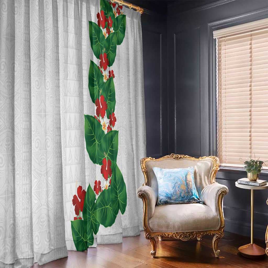 Hawaiian Taro Leaves-Hibiscus and Plumeria Window Curtain Polynesian Art-Kakau Tattoo White