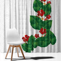 Hawaiian Taro Leaves-Hibiscus and Plumeria Window Curtain Polynesian Art-Kakau Tattoo White