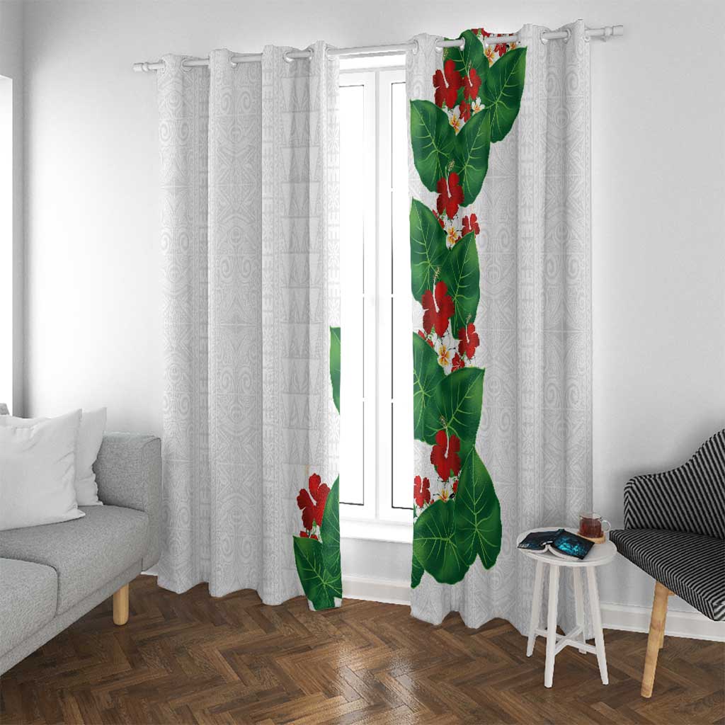 Hawaiian Taro Leaves-Hibiscus and Plumeria Window Curtain Polynesian Art-Kakau Tattoo White