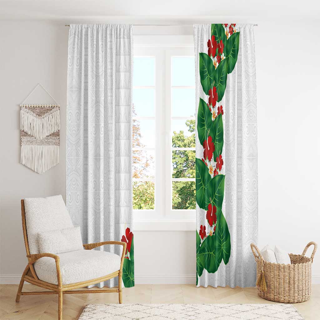 Hawaiian Taro Leaves-Hibiscus and Plumeria Window Curtain Polynesian Art-Kakau Tattoo White