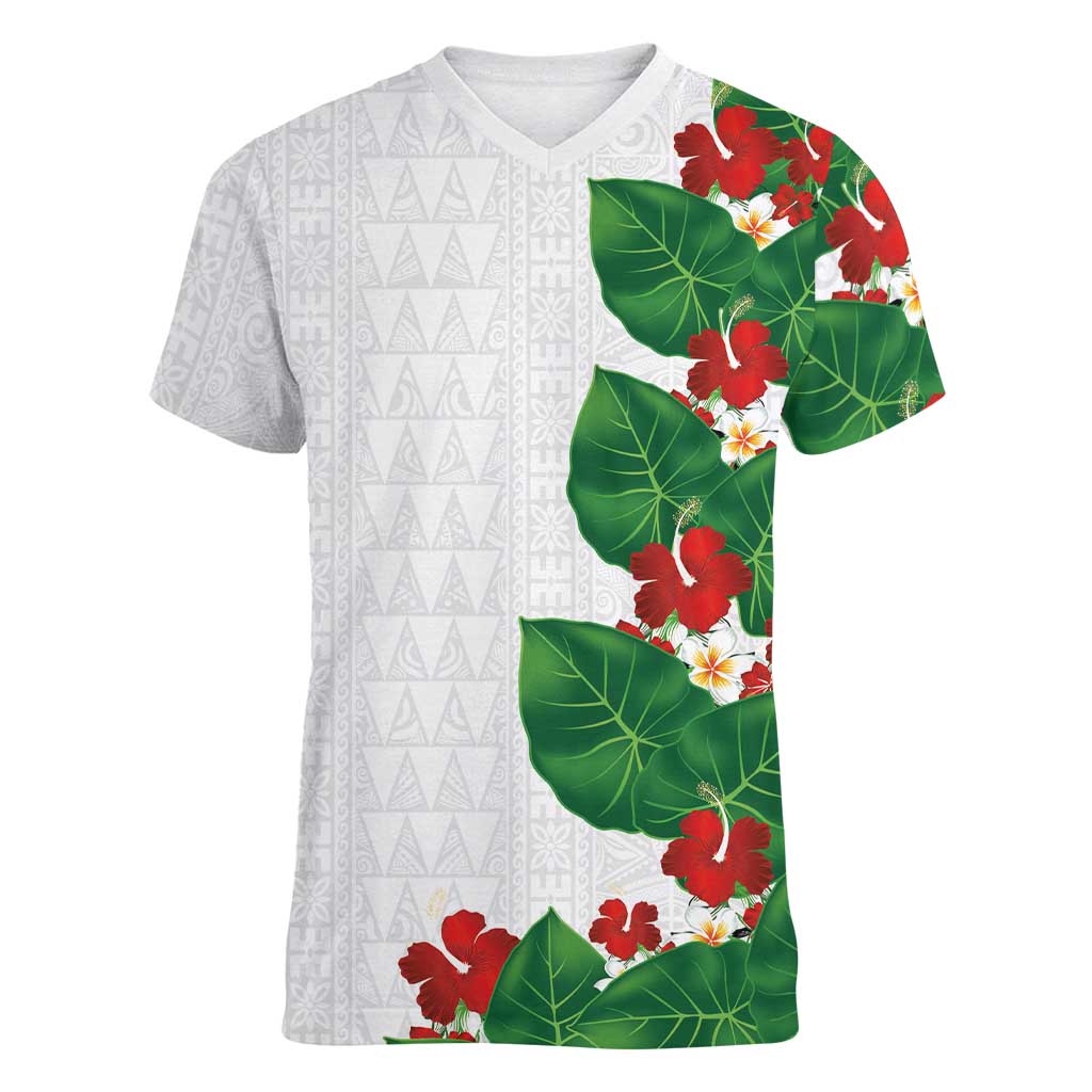 Hawaiian Taro Leaves-Hibiscus and Plumeria Women V-Neck T-Shirt Polynesian Art-Kakau Tattoo White