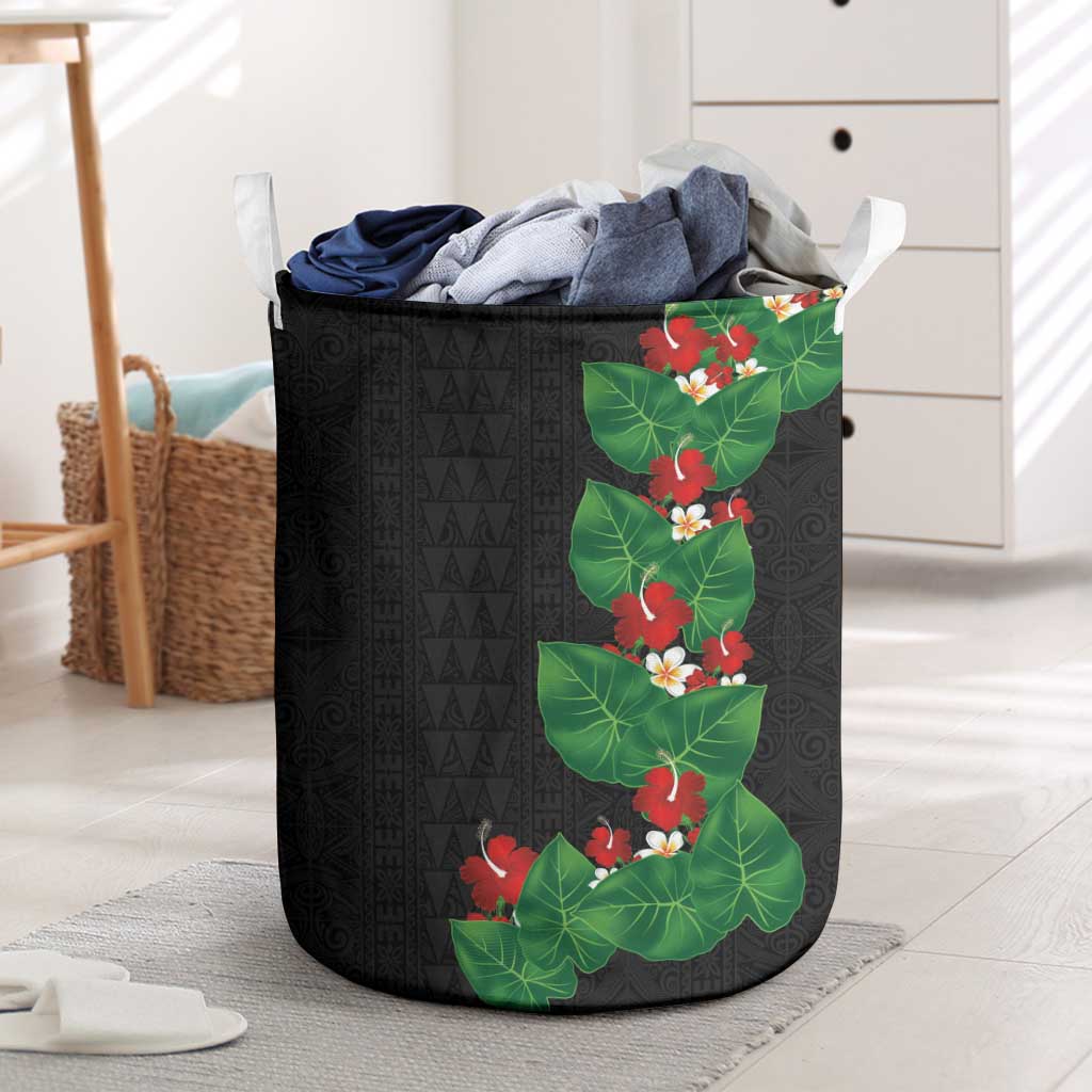 Hawaiian Taro Leaves-Hibiscus and Plumeria Laundry Basket Polynesian Art-Kakau Tattoo Black