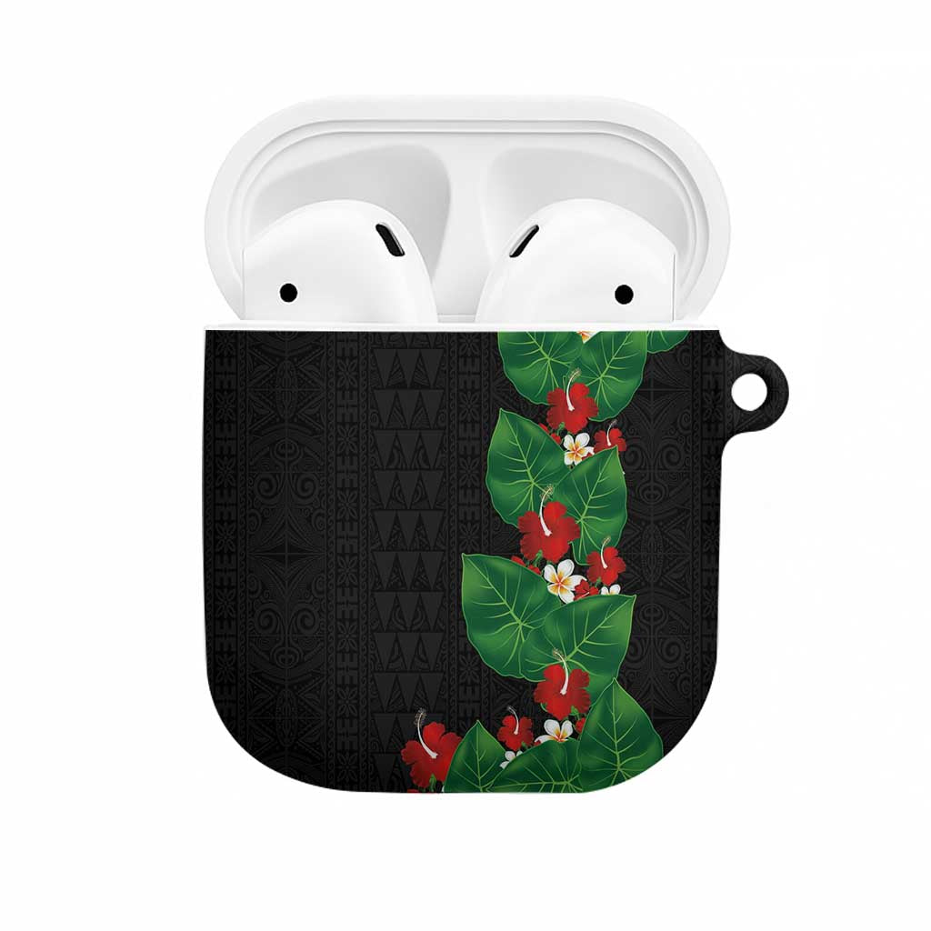 Hawaiian Taro Leaves-Hibiscus and Plumeria AirPods Case Polynesian Art-Kakau Tattoo Black
