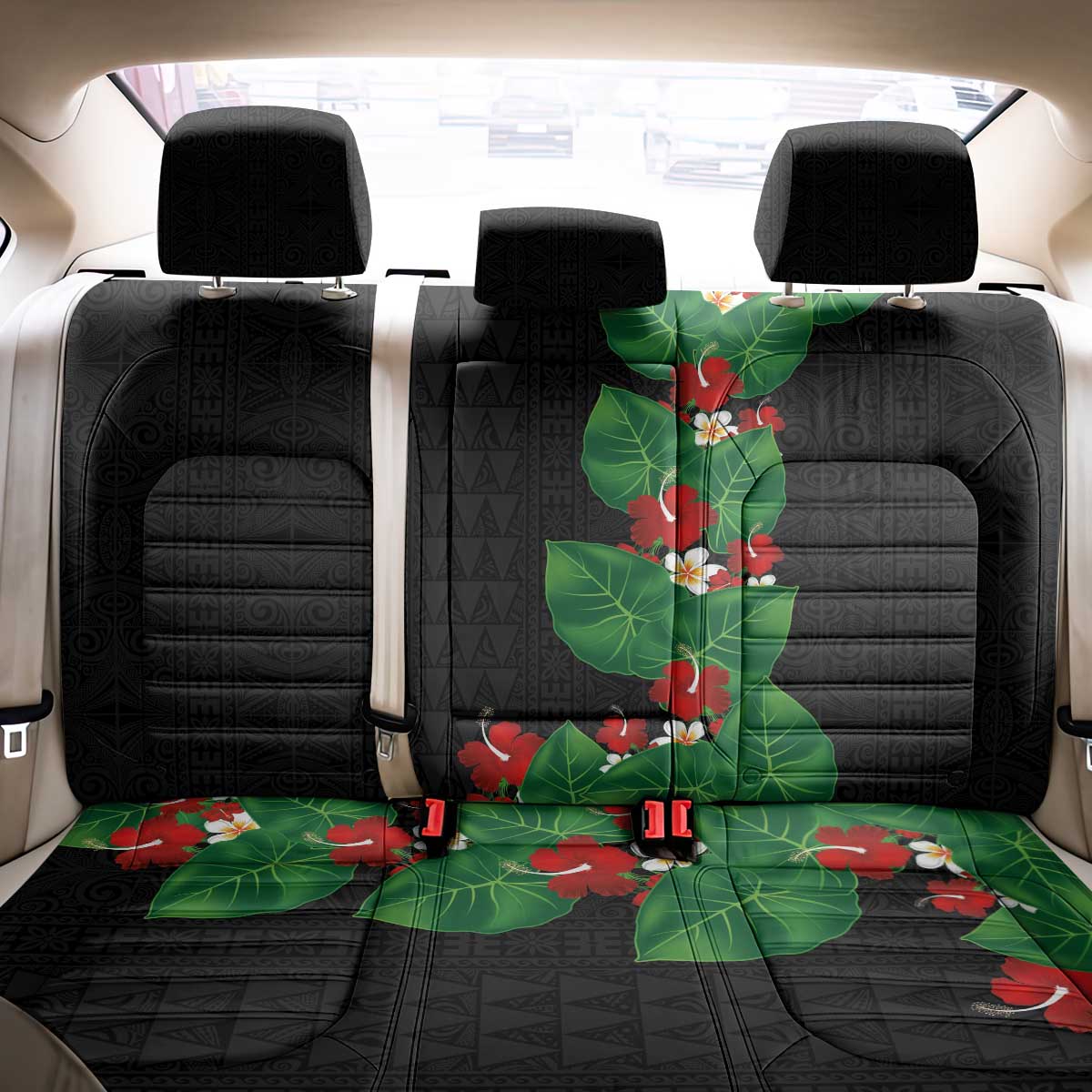 Hawaiian Taro Leaves-Hibiscus and Plumeria Back Car Seat Cover Polynesian Art-Kakau Tattoo Black