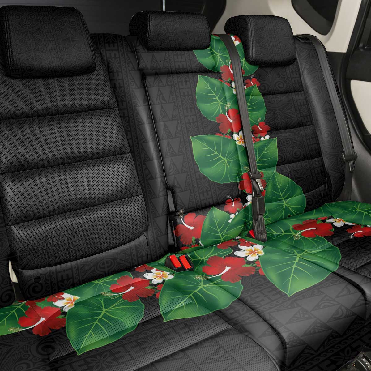 Hawaiian Taro Leaves-Hibiscus and Plumeria Back Car Seat Cover Polynesian Art-Kakau Tattoo Black