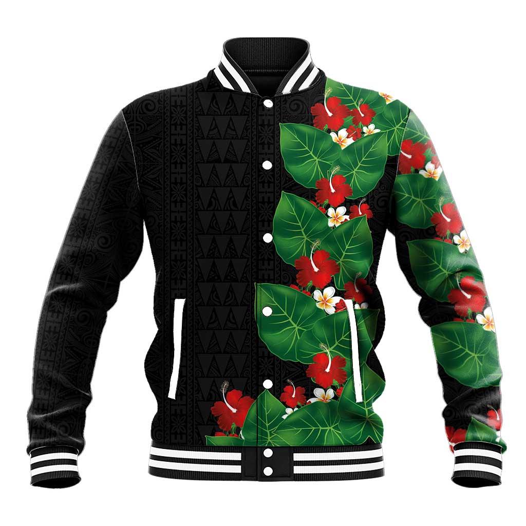 Hawaiian Taro Leaves-Hibiscus and Plumeria Baseball Jacket Polynesian Art-Kakau Tattoo Black LT03 Unisex Black - Polynesian Pride