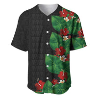 Hawaiian Taro Leaves-Hibiscus and Plumeria Baseball Jersey Polynesian Art-Kakau Tattoo Black