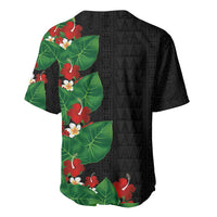 Hawaiian Taro Leaves-Hibiscus and Plumeria Baseball Jersey Polynesian Art-Kakau Tattoo Black