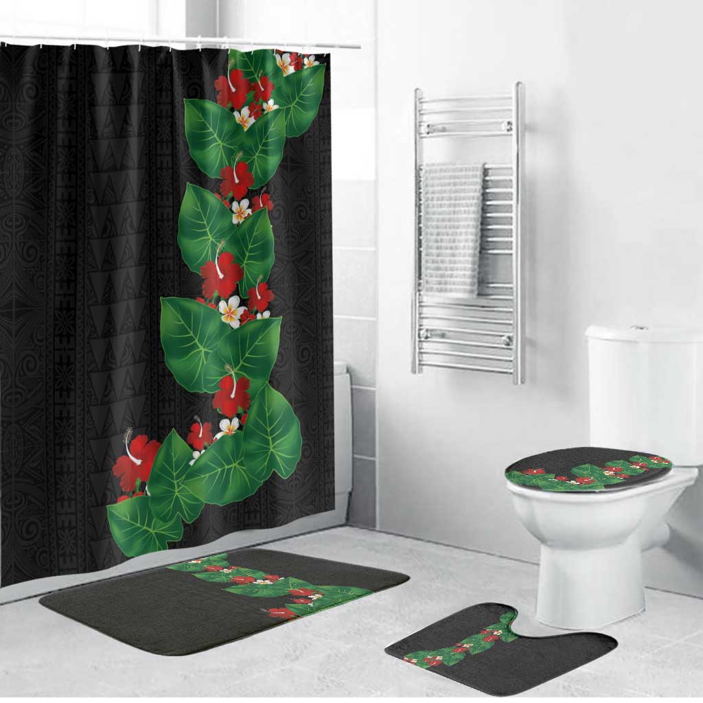 Hawaiian Taro Leaves-Hibiscus and Plumeria Bathroom Set Polynesian Art-Kakau Tattoo Black